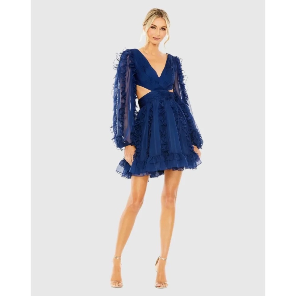NWT Mac Duggal V-Neck Long Puff Sleeve Ruffle Dress - size 6